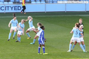 Megan Campbell (left) rushes to celebrate Jen Beattie's goal for Manchester City Women