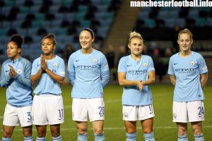 Demi Stokes, Nikita Parris, Megan Campbell, Izzy Christiansen, and Keira Walsh line up before the game against LSK Kvinner