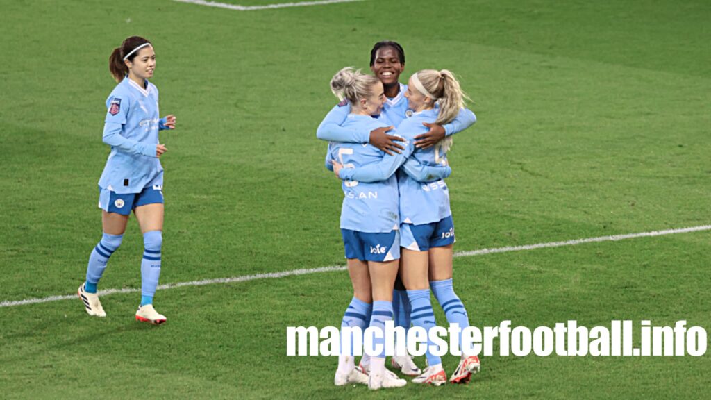 Yui Hasegawa joins Alex Greenwood, Khadija Shaw, and Chloe Kelly in celebrating another goal by Bunny Shaw - Man City Women vs Liverpool - Sunday January 21 2023