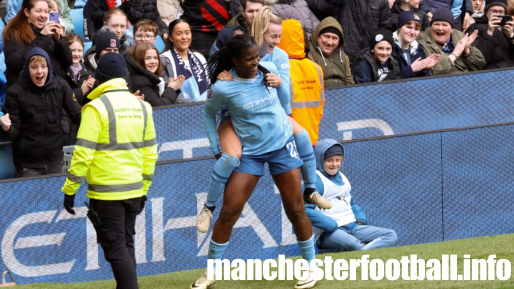 Khadija Shaw celebrates her goal with Lauren Hemp - Man City vs Man Utd Women - Saturday March 23 2024
