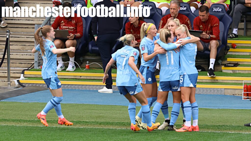 Jess Park and Laura Coombs run in to join Chloe Kelly, Lauren Hemp, Steph Houghton, and Alex Greenwood celebrating the opening goal in Man City Women vs Arsenal - Sunday May 5 2024