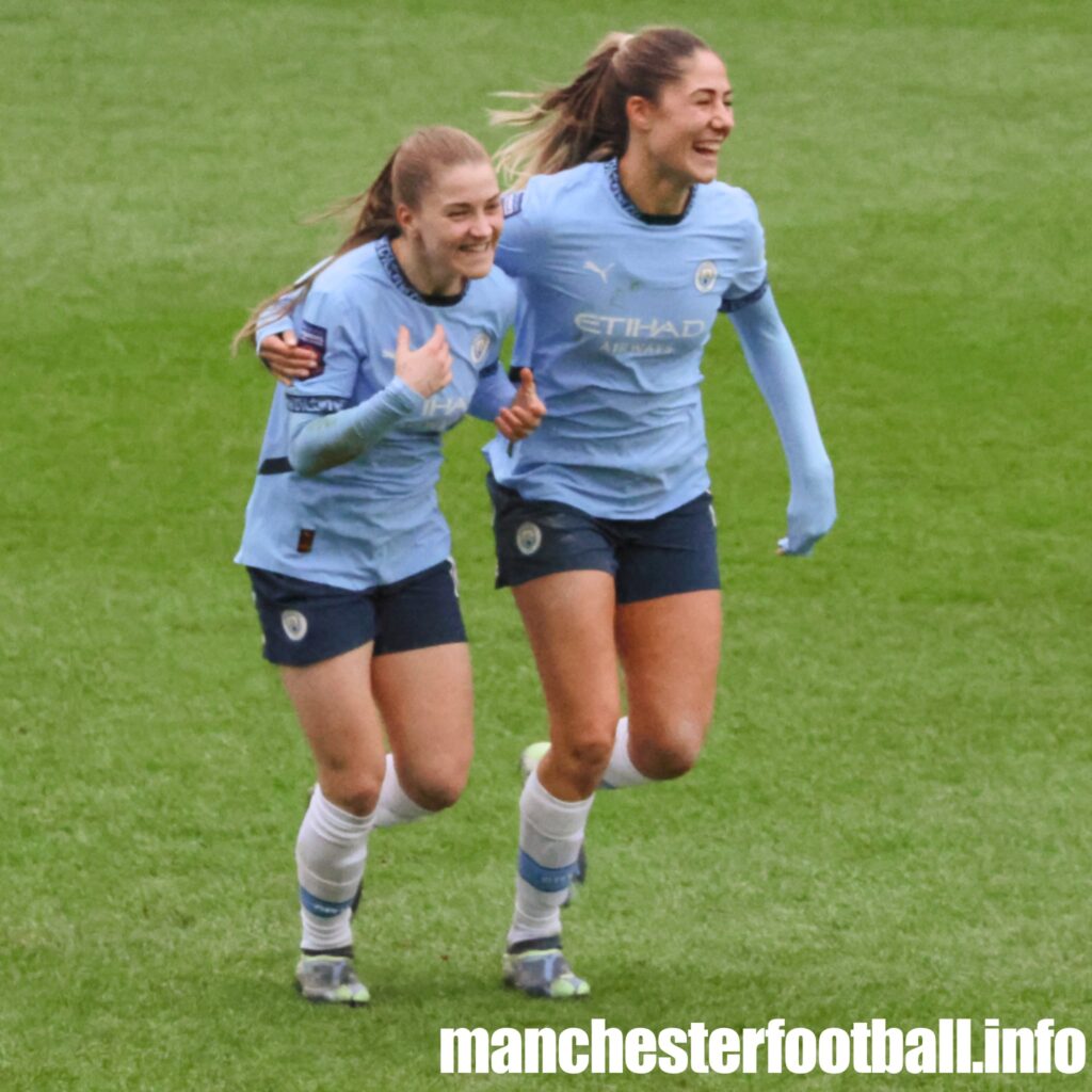 Jess Park celebrates her goal with Laia Aleixandri - Man City Women vs Leicester City Women - Sunday December 8 2024