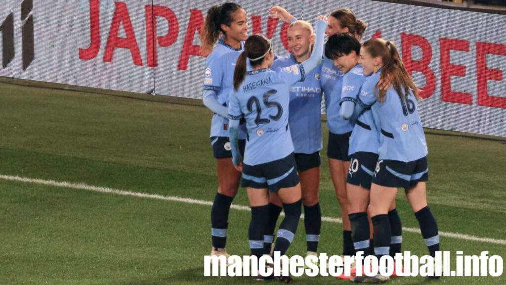 Kerstin Caparij celebrates her goal with Aoba Fujino and Yui Hasegawa - Man City vs St Polten - Thursday December 12 2024