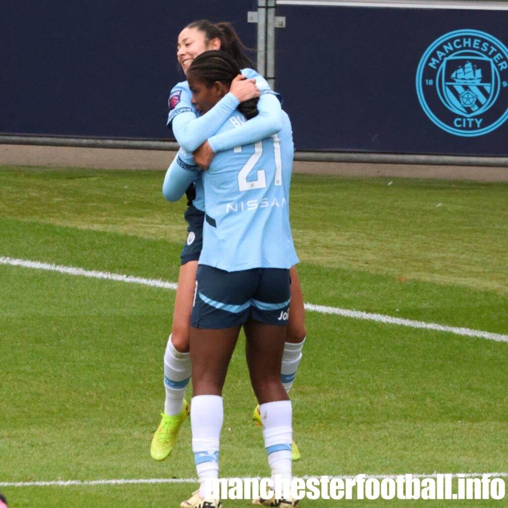 Leila Ouahabi celebrates setting up Khadija Bunny Shaw's second goal of the day - Sunday December 8 2024