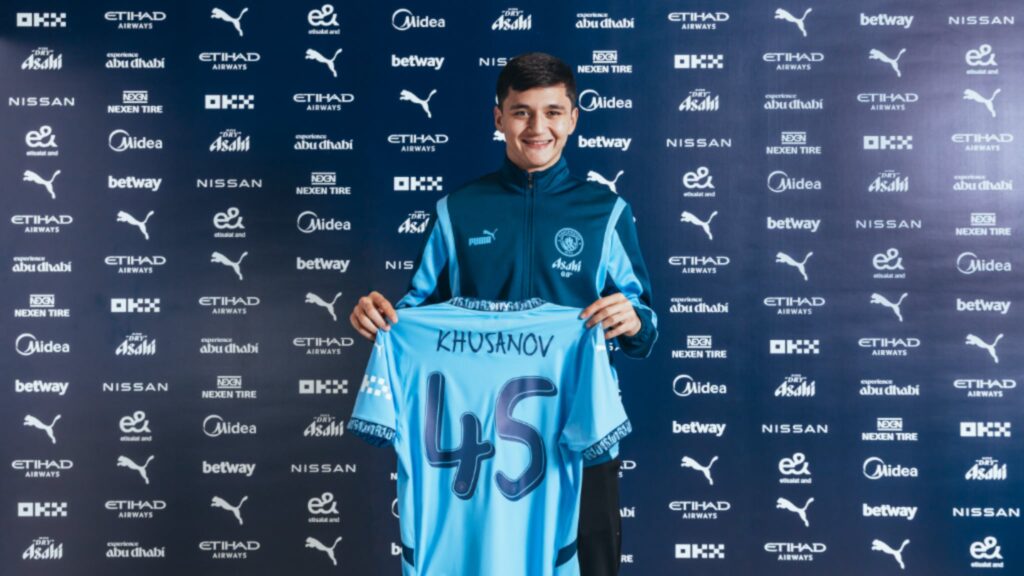 Abdukodir Khusanov with Manchester City number 45 shirt