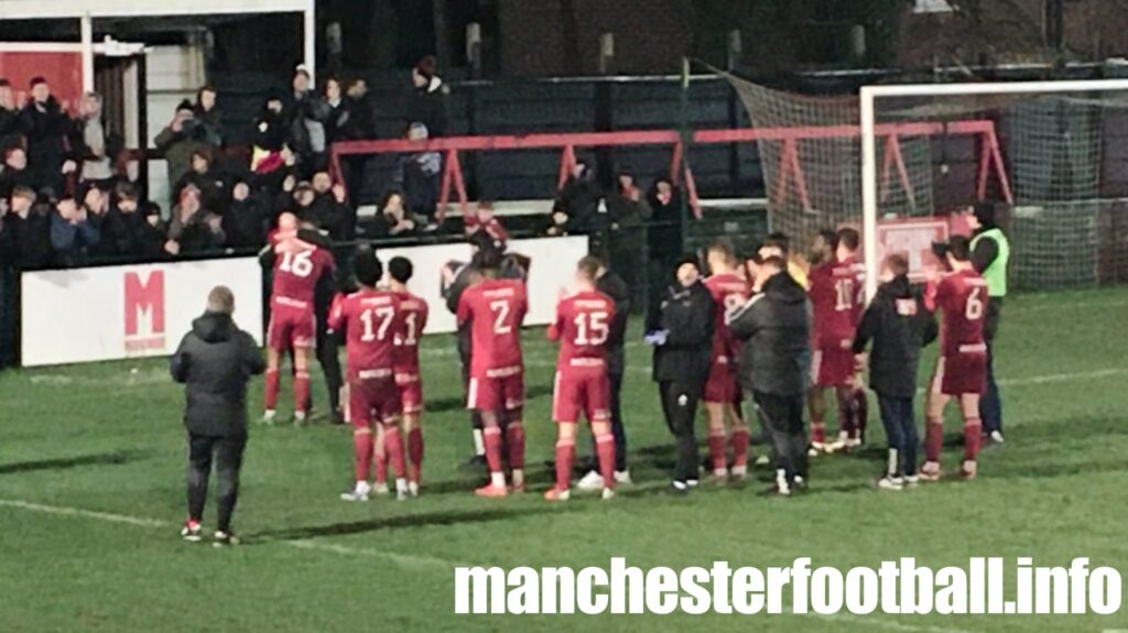 Ashton Utd vs Macclesfield FC - Ashton Utd players celebrate win with fans - Tuesday January 7 2025 @2x