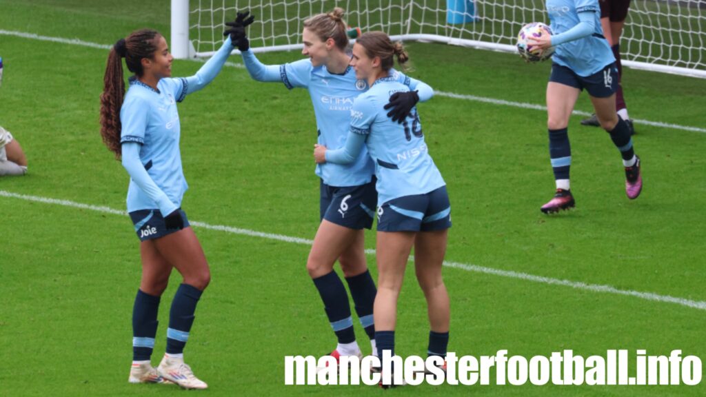 Mary Fowler, Viv Miedema, and Kerstin Casparij celebrate goal - Manchester City vs Ipswich Town - Sunday January 12 2025